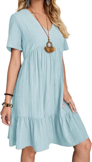 Short Sleeve Empire Waist Ruffle Midi Dress for Women Loose Casual V Neck Tiered Flowy Mini Short Dresses