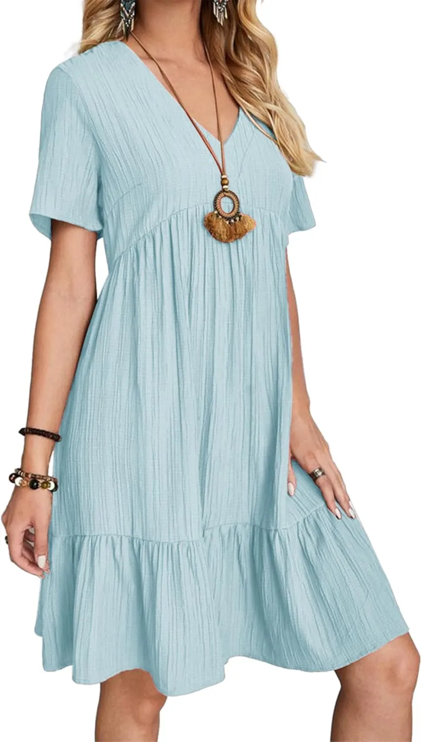 Short Sleeve Empire Waist Ruffle Midi Dress for Women Loose Casual V Neck Tiered Flowy Mini Short Dresses