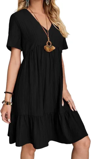 Short Sleeve Empire Waist Ruffle Midi Dress for Women Loose Casual V Neck Tiered Flowy Mini Short Dresses