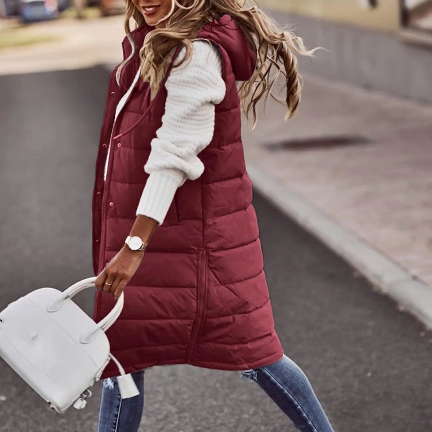 Sleeveless Fleece Jacket Vest with Hood Sleeveless Warm Down Coat with Pockets Quilted Sleeveless Padded Jacket Coat