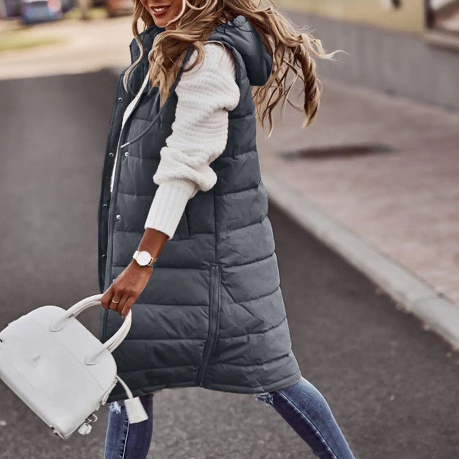 Sleeveless Fleece Jacket Vest with Hood Sleeveless Warm Down Coat with Pockets Quilted Sleeveless Padded Jacket Coat