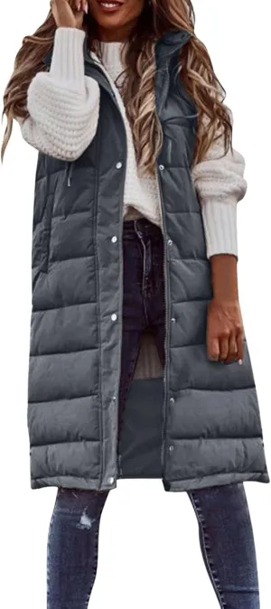 Sleeveless Fleece Jacket Vest with Hood Sleeveless Warm Down Coat with Pockets Quilted Sleeveless Padded Jacket Coat