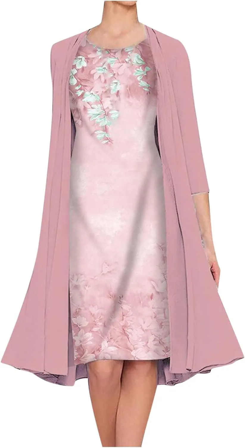 SMIDOW Womens Two Piece Outfits Set Floral Print Midi Dress With Cardigan Elegant Casual Spring Dresses 2024