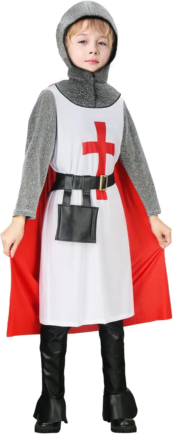 SOLOTIMES Kids Crusader Costume Boys White Medieval Knight Tunic Cloak Outfit Renaissance Roman Warrior Halloween Cosplay