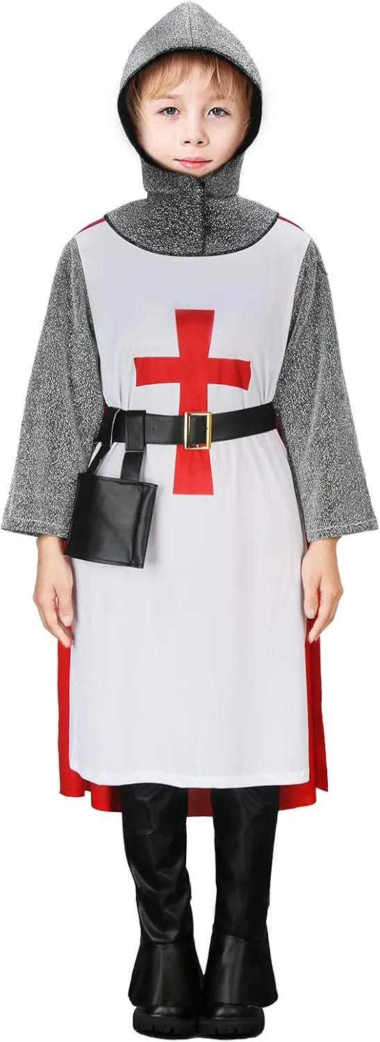 SOLOTIMES Kids Crusader Costume Boys White Medieval Knight Tunic Cloak Outfit Renaissance Roman Warrior Halloween Cosplay
