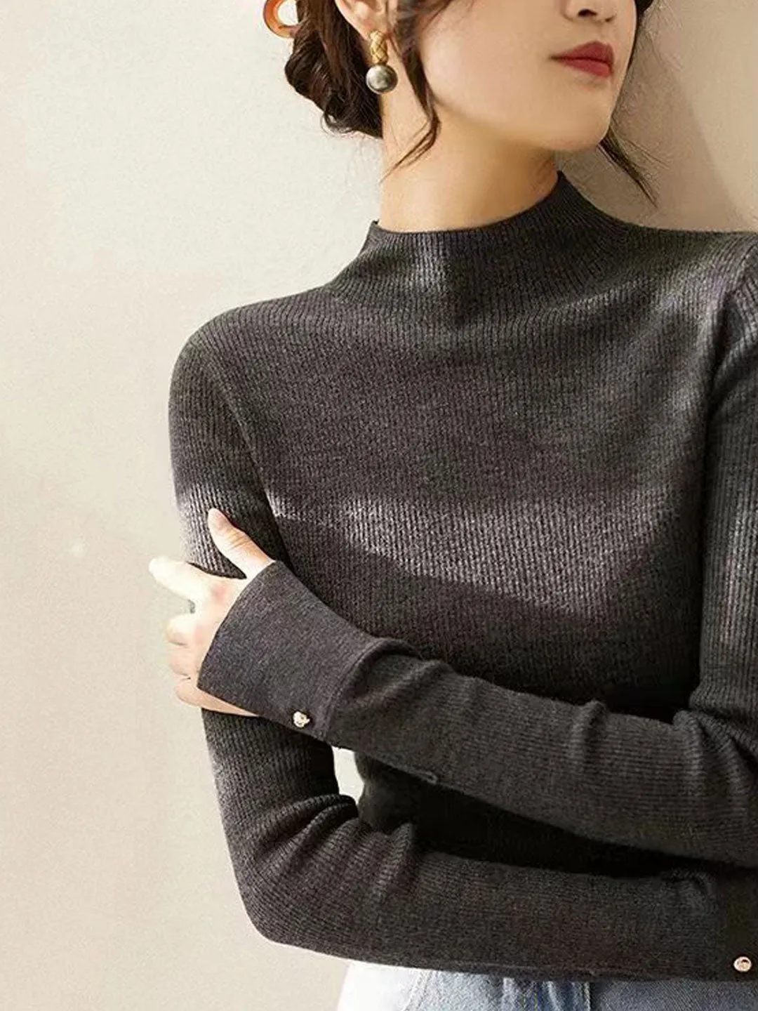 Sophia Classic Turtleneck Solid Color Knitted Sweater-Green