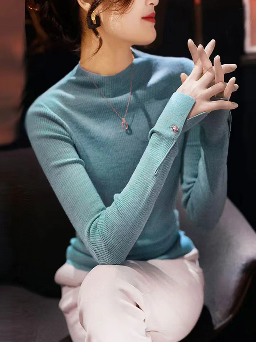 Sophia Classic Turtleneck Solid Color Knitted Sweater-Green