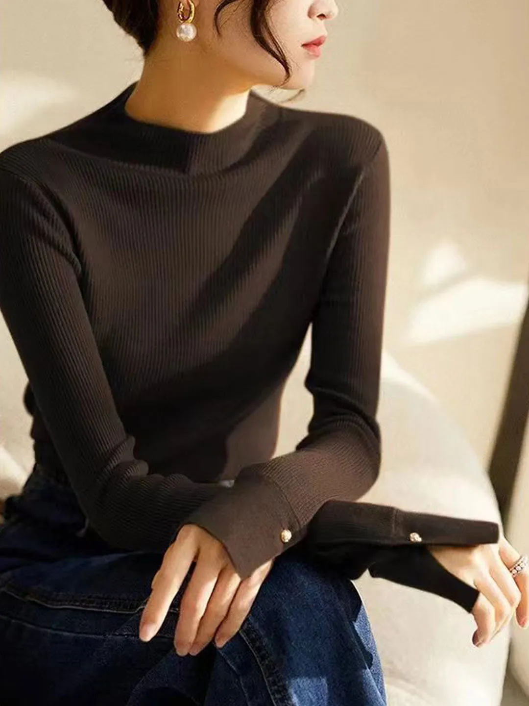 Sophia Classic Turtleneck Solid Color Knitted Sweater-Green