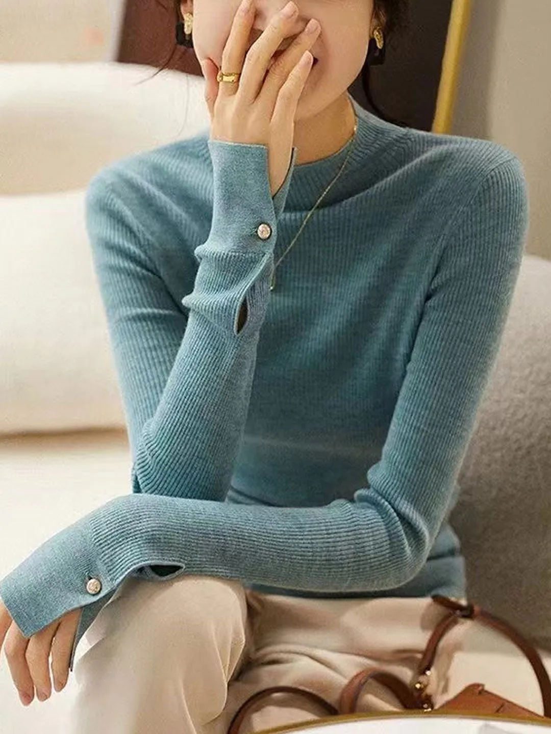 Sophia Classic Turtleneck Solid Color Knitted Sweater-Green