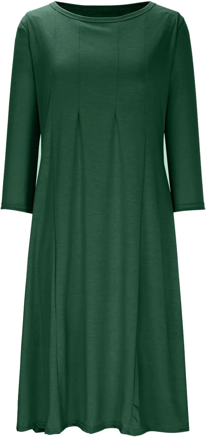Spring Dresses for Women Trendy 2025 Half Sleeve Crewneck Pleated Flowy Midi Dress Elegant Casual Summer Ladies Dress