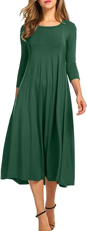 Spring Dresses for Women Trendy 2025 Half Sleeve Crewneck Pleated Flowy Midi Dress Elegant Casual Summer Ladies Dress