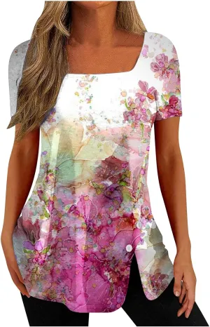 Square Neck Tops for Womens Dressy Tunic Tshirts Retro Floral Graphic Tees Summer Fashion Ladies Short Sleeve Blouse