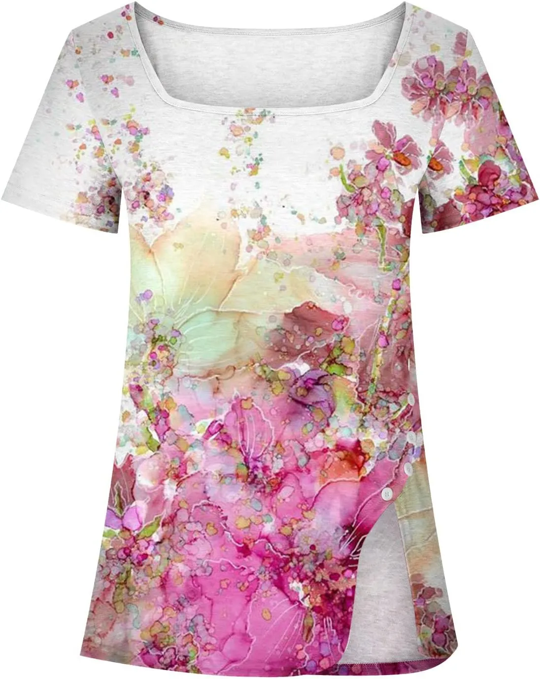Square Neck Tops for Womens Dressy Tunic Tshirts Retro Floral Graphic Tees Summer Fashion Ladies Short Sleeve Blouse