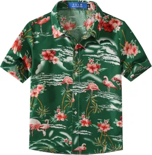 SSLR Big Boys Hawaiian Shirt, Kids Hawaiian Shirt, Flamingos Shirt Short Sleeve Luau Shirt for Kids