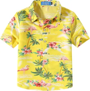 SSLR Big Boys Hawaiian Shirt, Kids Hawaiian Shirt, Flamingos Shirt Short Sleeve Luau Shirt for Kids