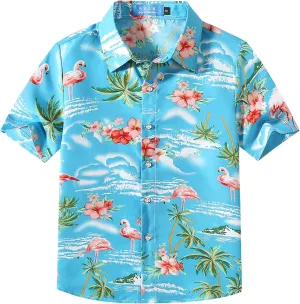 SSLR Big Boys Hawaiian Shirt, Kids Hawaiian Shirt, Flamingos Shirt Short Sleeve Luau Shirt for Kids