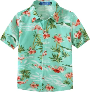SSLR Big Boys Hawaiian Shirt, Kids Hawaiian Shirt, Flamingos Shirt Short Sleeve Luau Shirt for Kids