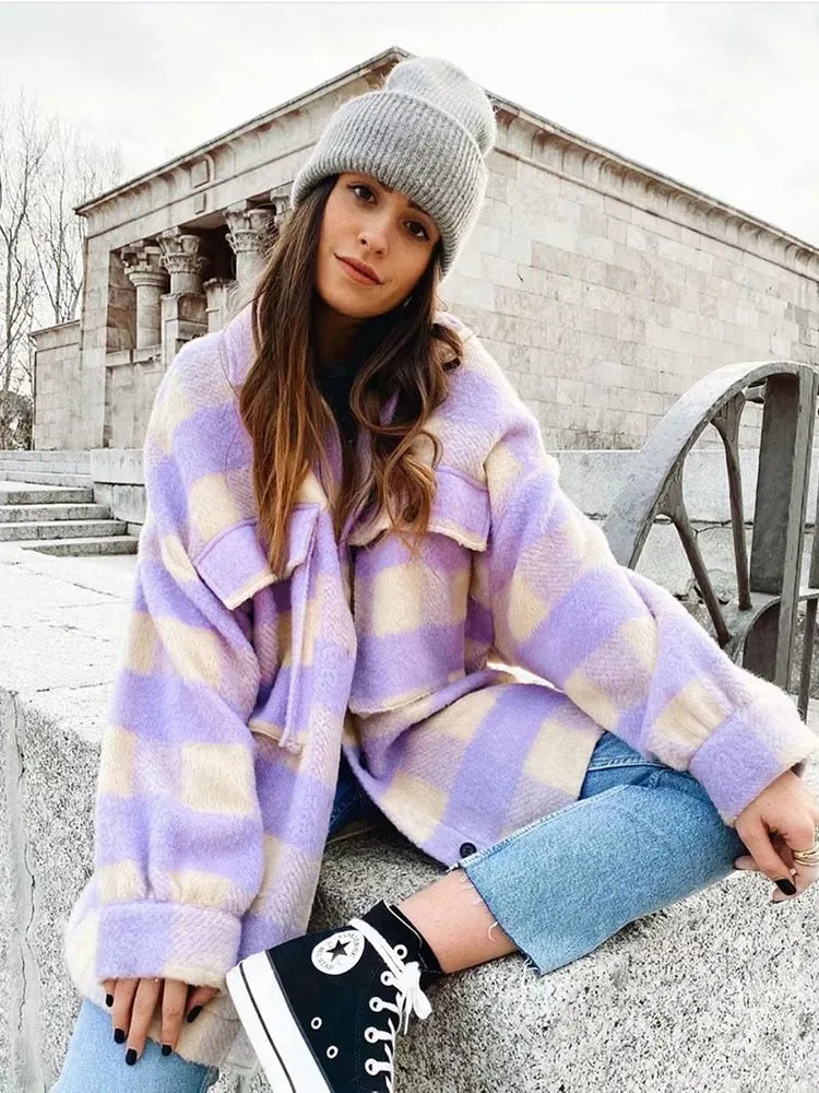 Stylish Sweet Plaid Woolen Shirt Check Jacket Cute
