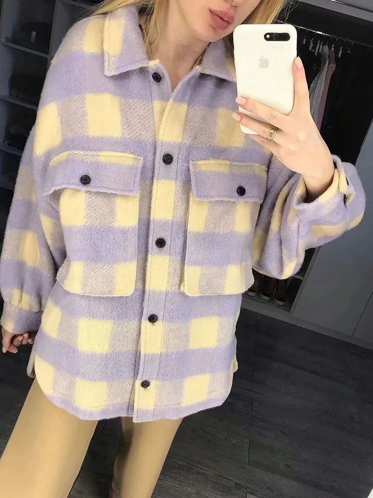 Stylish Sweet Plaid Woolen Shirt Check Jacket Cute