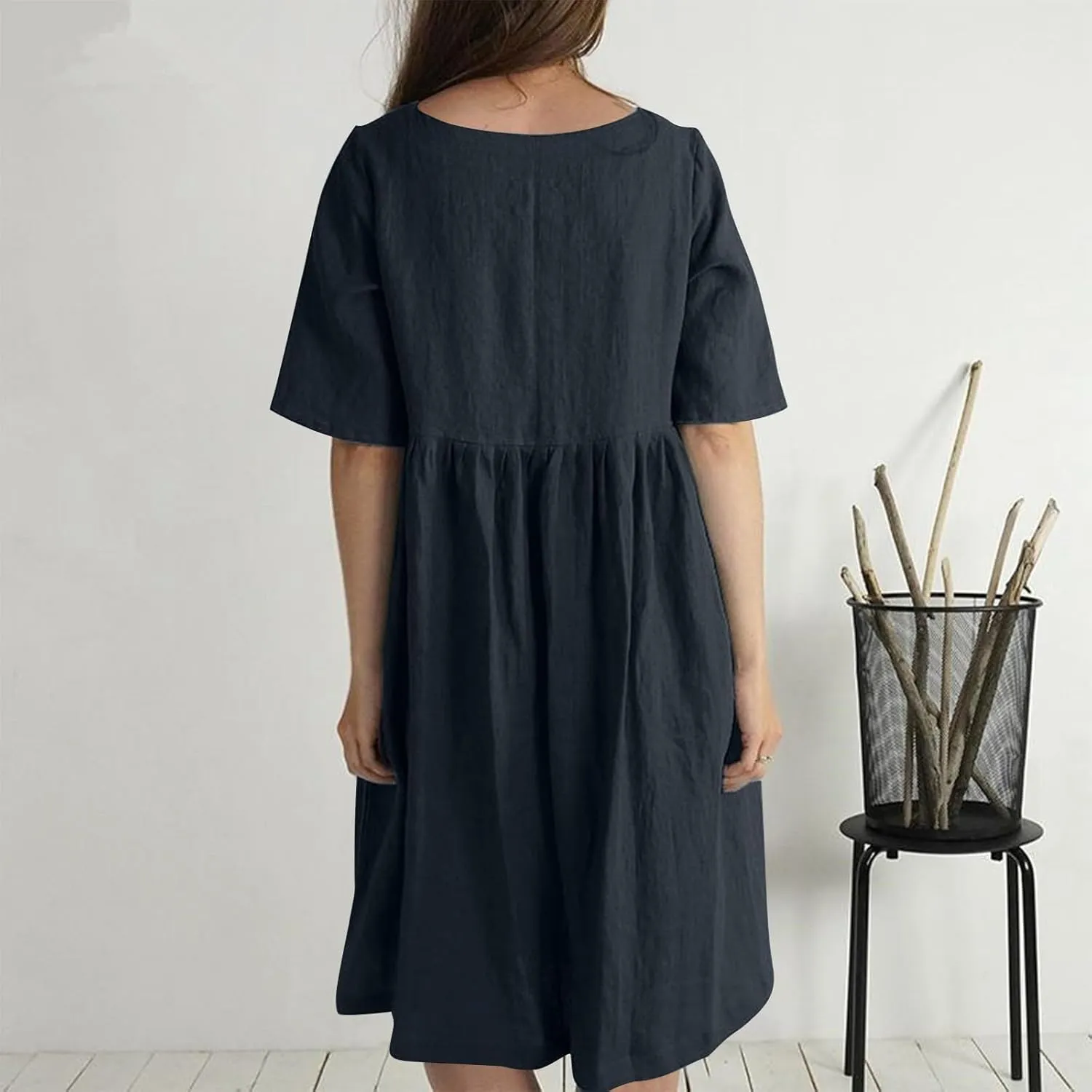 Summer Dresses for Women Crewneck Button Down Cotton Linen Dress Short Sleeve Flowy Casual 2025 Sundress