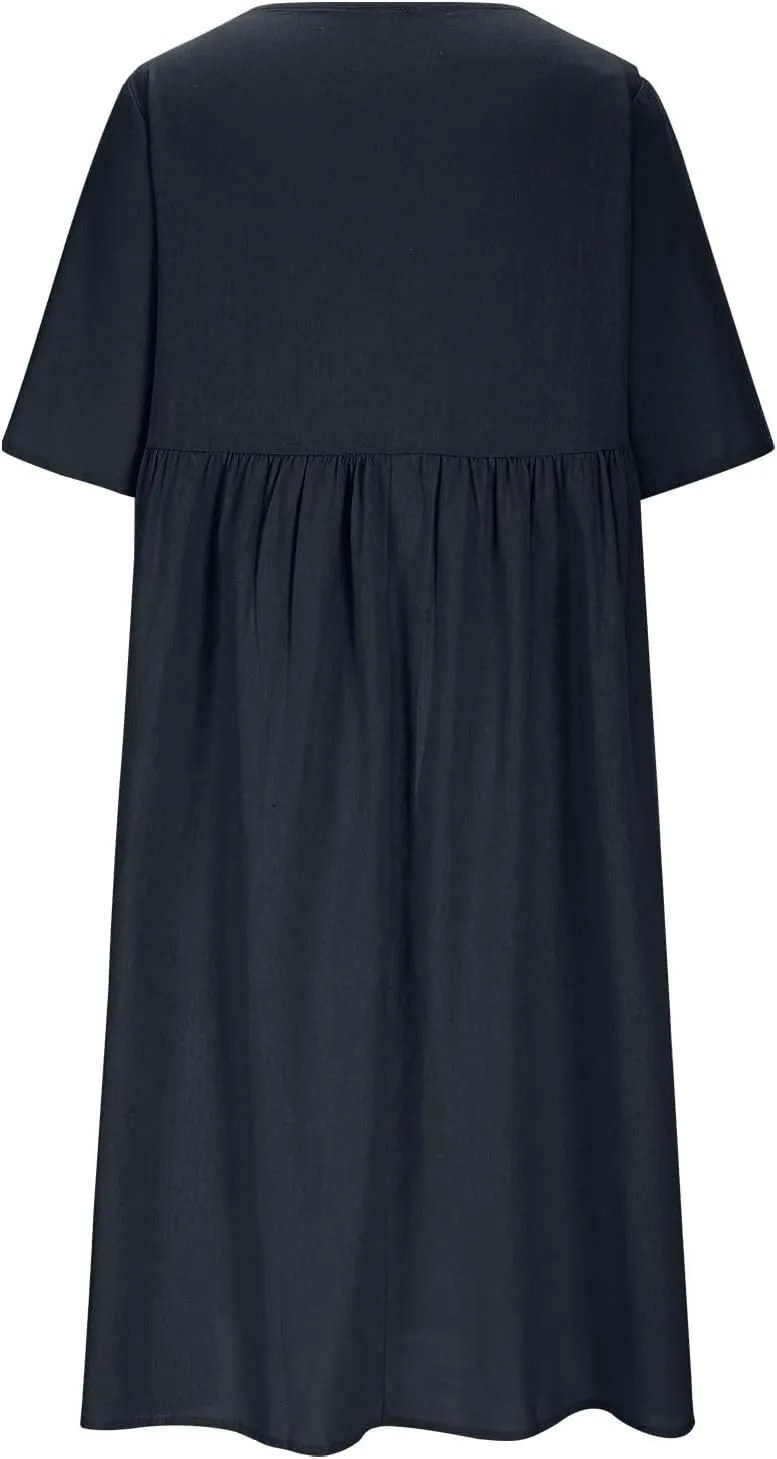 Summer Dresses for Women Crewneck Button Down Cotton Linen Dress Short Sleeve Flowy Casual 2025 Sundress
