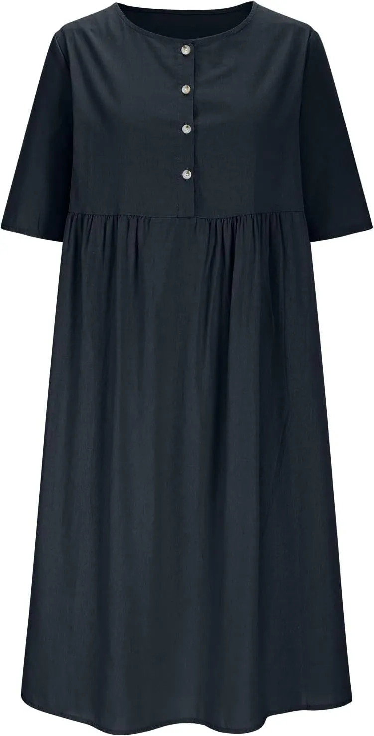 Summer Dresses for Women Crewneck Button Down Cotton Linen Dress Short Sleeve Flowy Casual 2025 Sundress