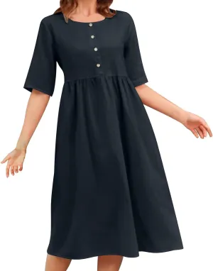 Summer Dresses for Women Crewneck Button Down Cotton Linen Dress Short Sleeve Flowy Casual 2025 Sundress
