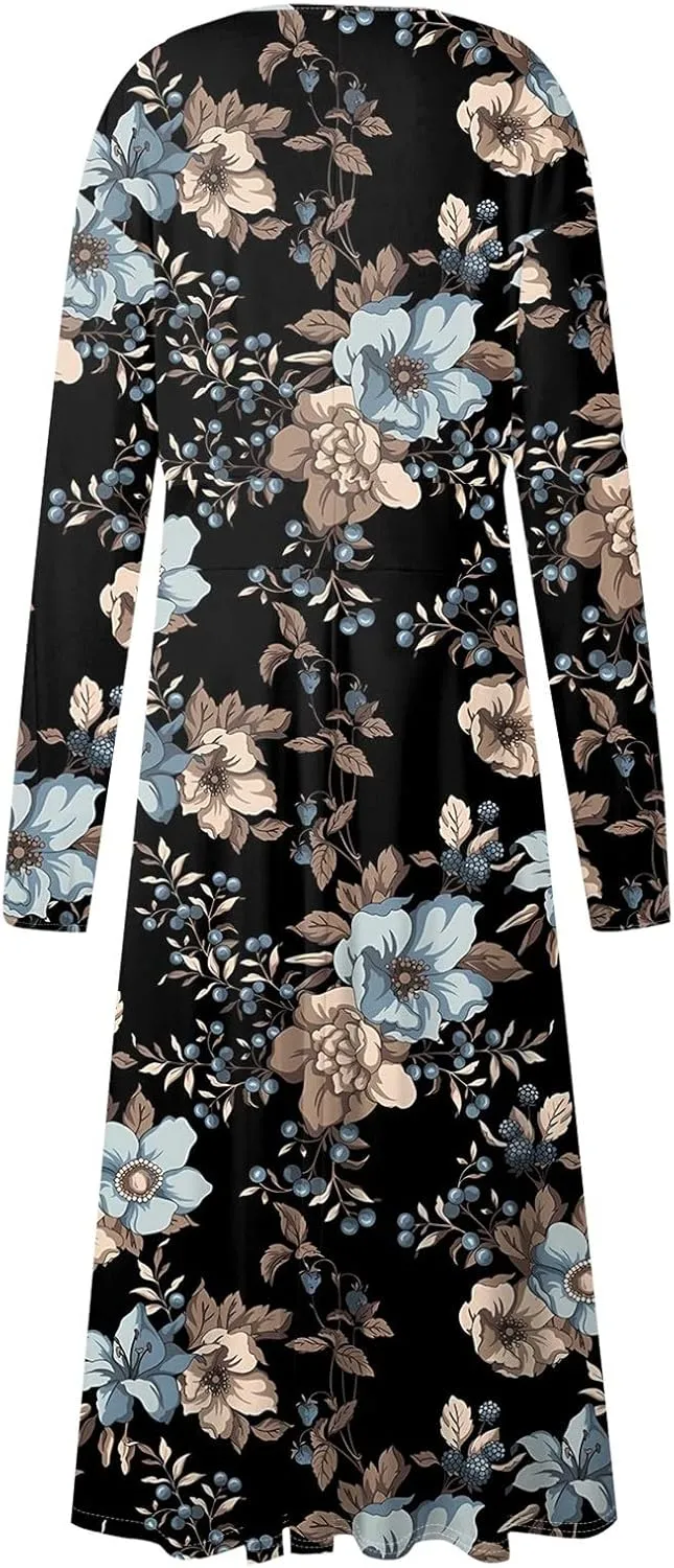 Summer Fall Long Sleeve Midi Dresses for Women Casual Ruched Flowy Trendy Smocked Elegant Formal Floral A Line Dress