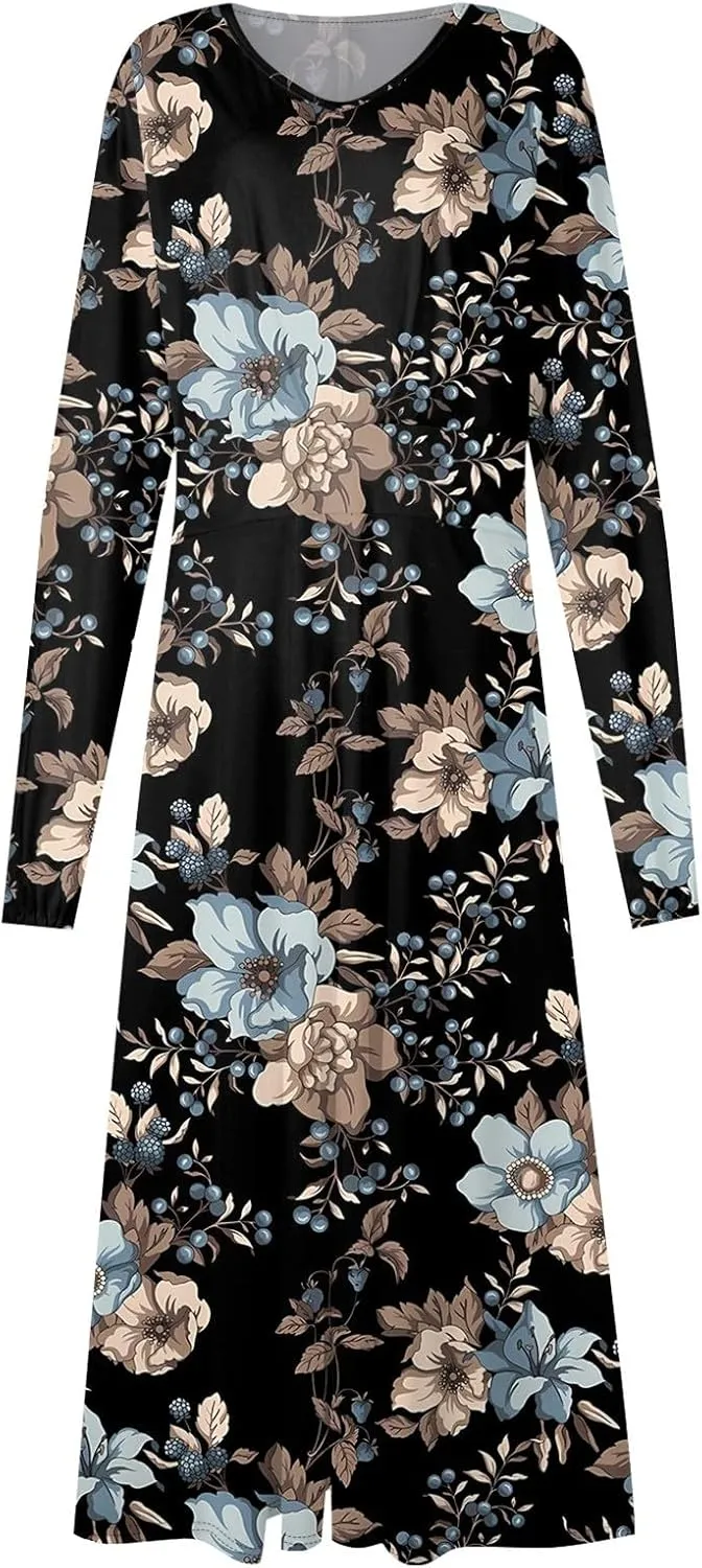 Summer Fall Long Sleeve Midi Dresses for Women Casual Ruched Flowy Trendy Smocked Elegant Formal Floral A Line Dress