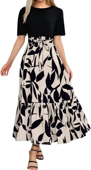 Summer Floral Dresses for Women Patchwork Short Sleeve Flowy Dress with Belt Ruffle Hem Elegant Casual Maxi Dress