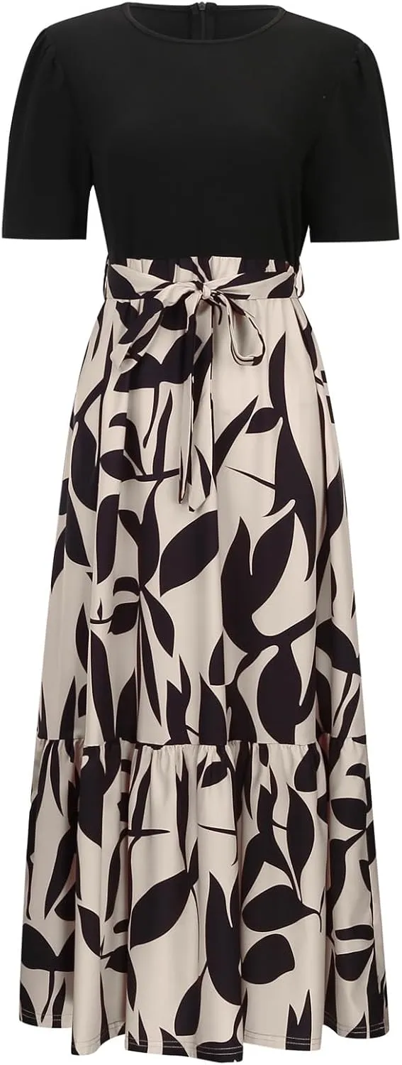 Summer Floral Dresses for Women Patchwork Short Sleeve Flowy Dress with Belt Ruffle Hem Elegant Casual Maxi Dress