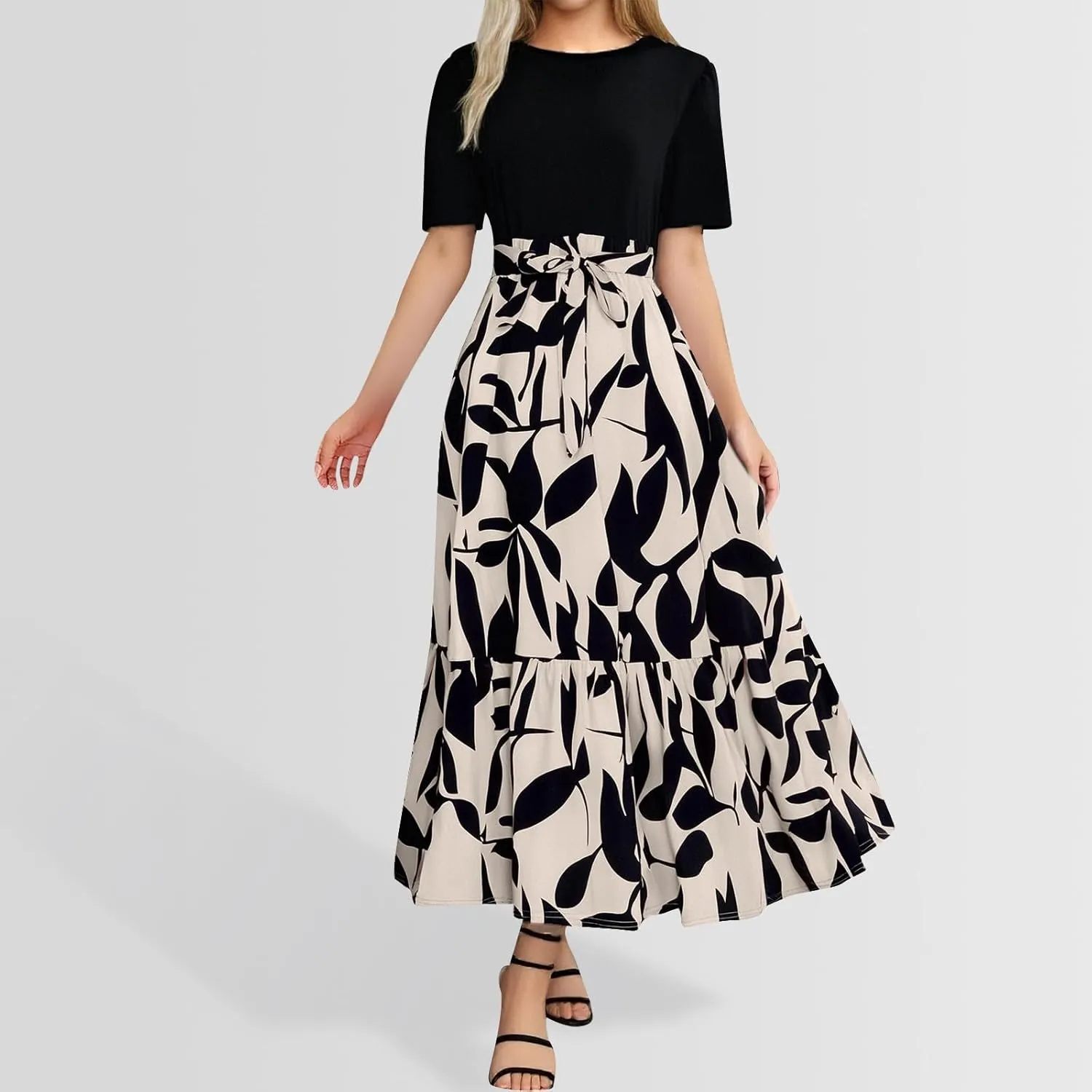 Summer Floral Dresses for Women Patchwork Short Sleeve Flowy Dress with Belt Ruffle Hem Elegant Casual Maxi Dress