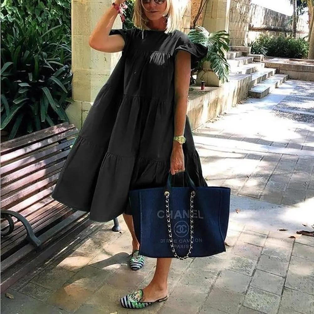 Summer Plus Size Babydoll Dress for Women Crew Neck Solid Color Ruffle Sleeveless Layered Smocked Loose Midi Dress