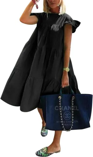 Summer Plus Size Babydoll Dress for Women Crew Neck Solid Color Ruffle Sleeveless Layered Smocked Loose Midi Dress