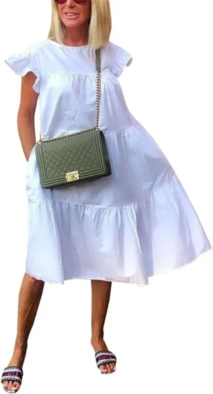 Summer Plus Size Babydoll Dress for Women Crew Neck Solid Color Ruffle Sleeveless Layered Smocked Loose Midi Dress