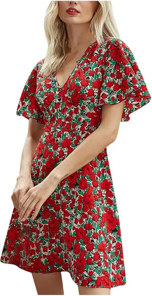 Sun Dresses for Women Summer Casual Floral Cute Dress Ruffle Short Sleeve V Neck Loose Flowy Mini Dress