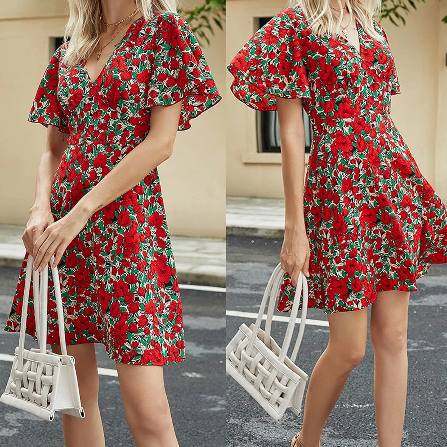 Sun Dresses for Women Summer Casual Floral Cute Dress Ruffle Short Sleeve V Neck Loose Flowy Mini Dress