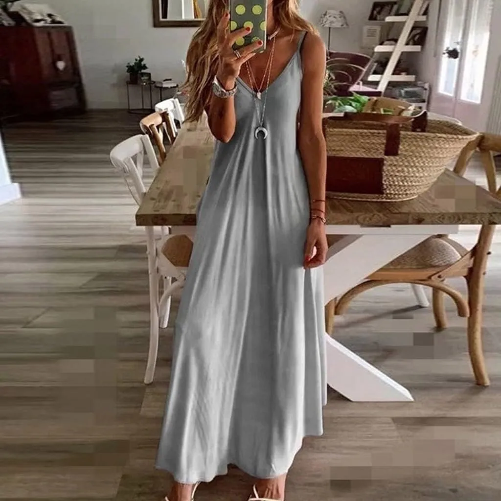 Sundresses for Women Womens Spring Dresses V Neck Summer Flowy Maxi Dress Elegant Casual Sleeveless Beach Sun Dress