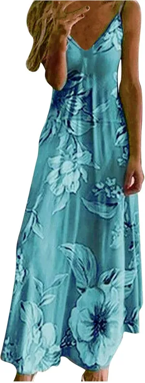 Sundresses for Women Womens Spring Dresses V Neck Summer Flowy Maxi Dress Elegant Casual Sleeveless Beach Sun Dress