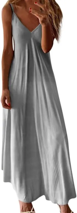 Sundresses for Women Womens Spring Dresses V Neck Summer Flowy Maxi Dress Elegant Casual Sleeveless Beach Sun Dress