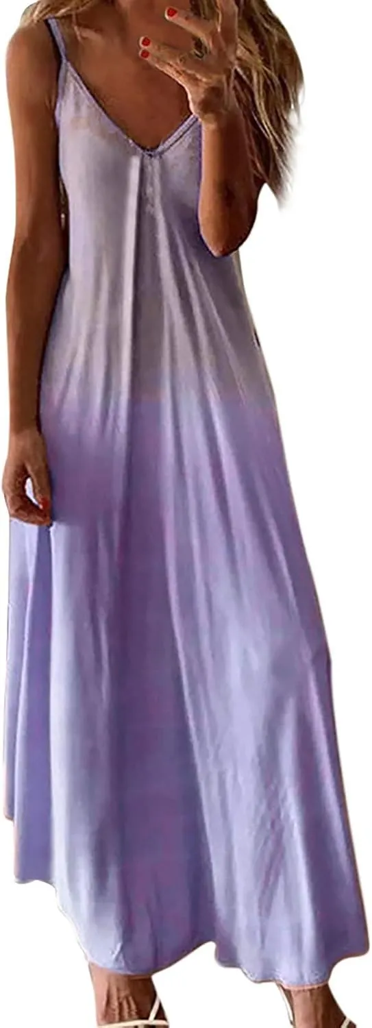Sundresses for Women Womens Spring Dresses V Neck Summer Flowy Maxi Dress Elegant Casual Sleeveless Beach Sun Dress