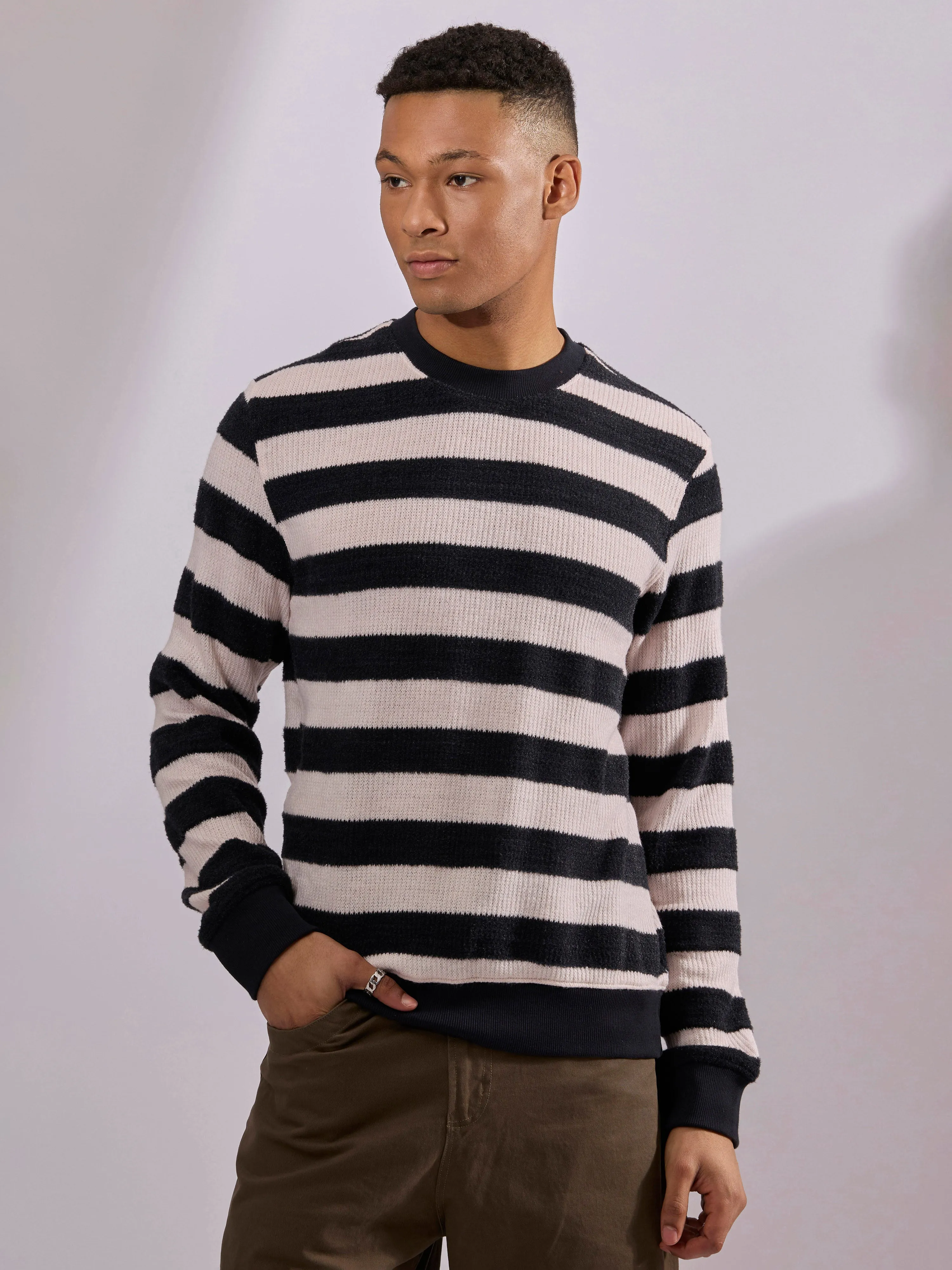 Swyft - Striped Crew neck Sweater - Black
