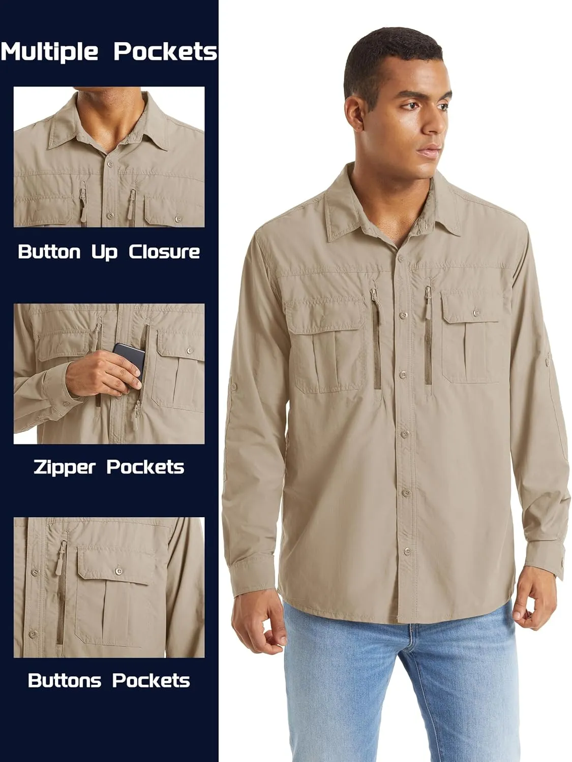 TACVASEN Fishing Shirt for Men, Long Sleeve Shirt Quick Dry Fit, Tactical Shirt Button Up, Work Shirt Lightweight Safari
