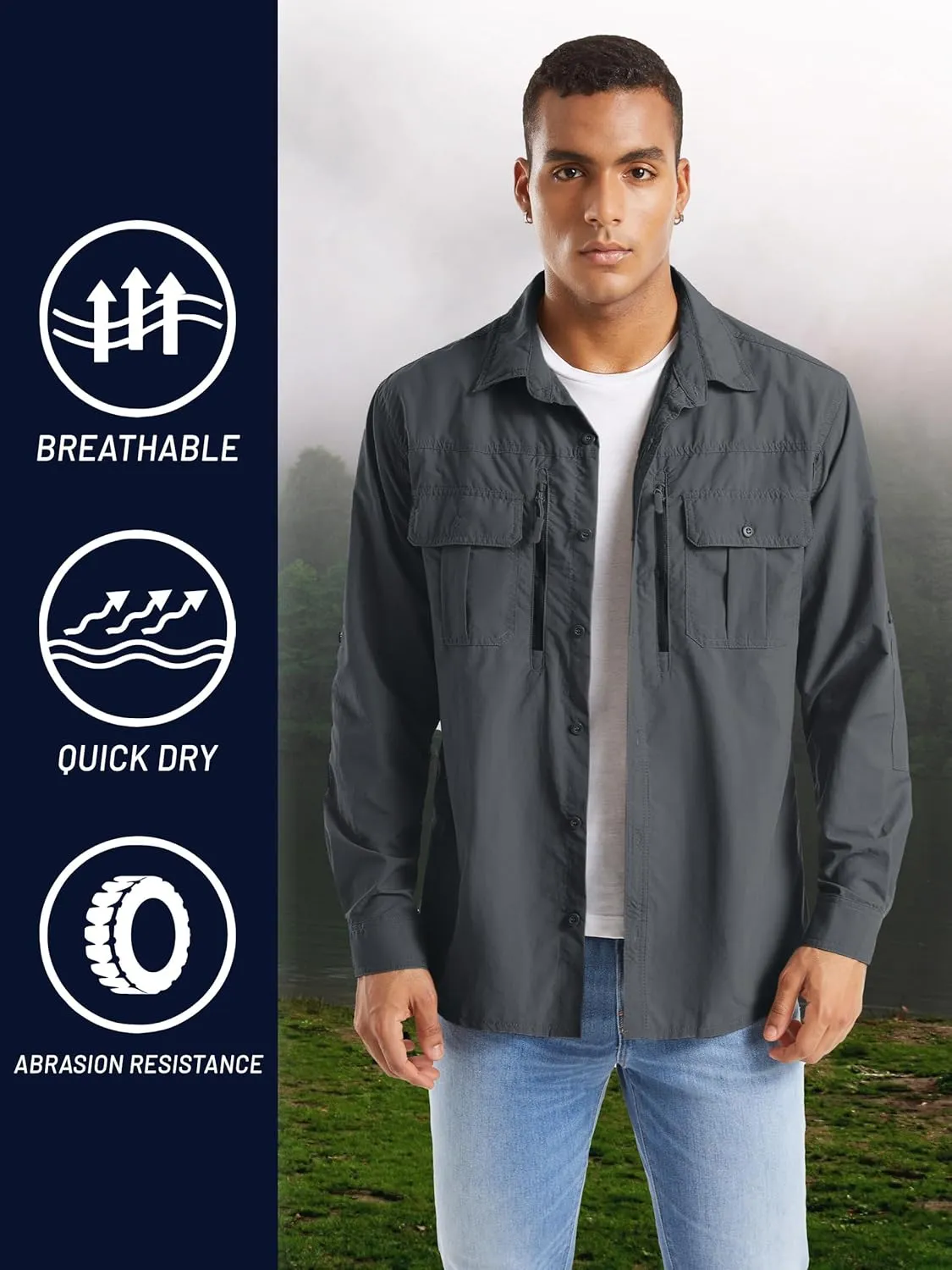 TACVASEN Fishing Shirt for Men, Long Sleeve Shirt Quick Dry Fit, Tactical Shirt Button Up, Work Shirt Lightweight Safari