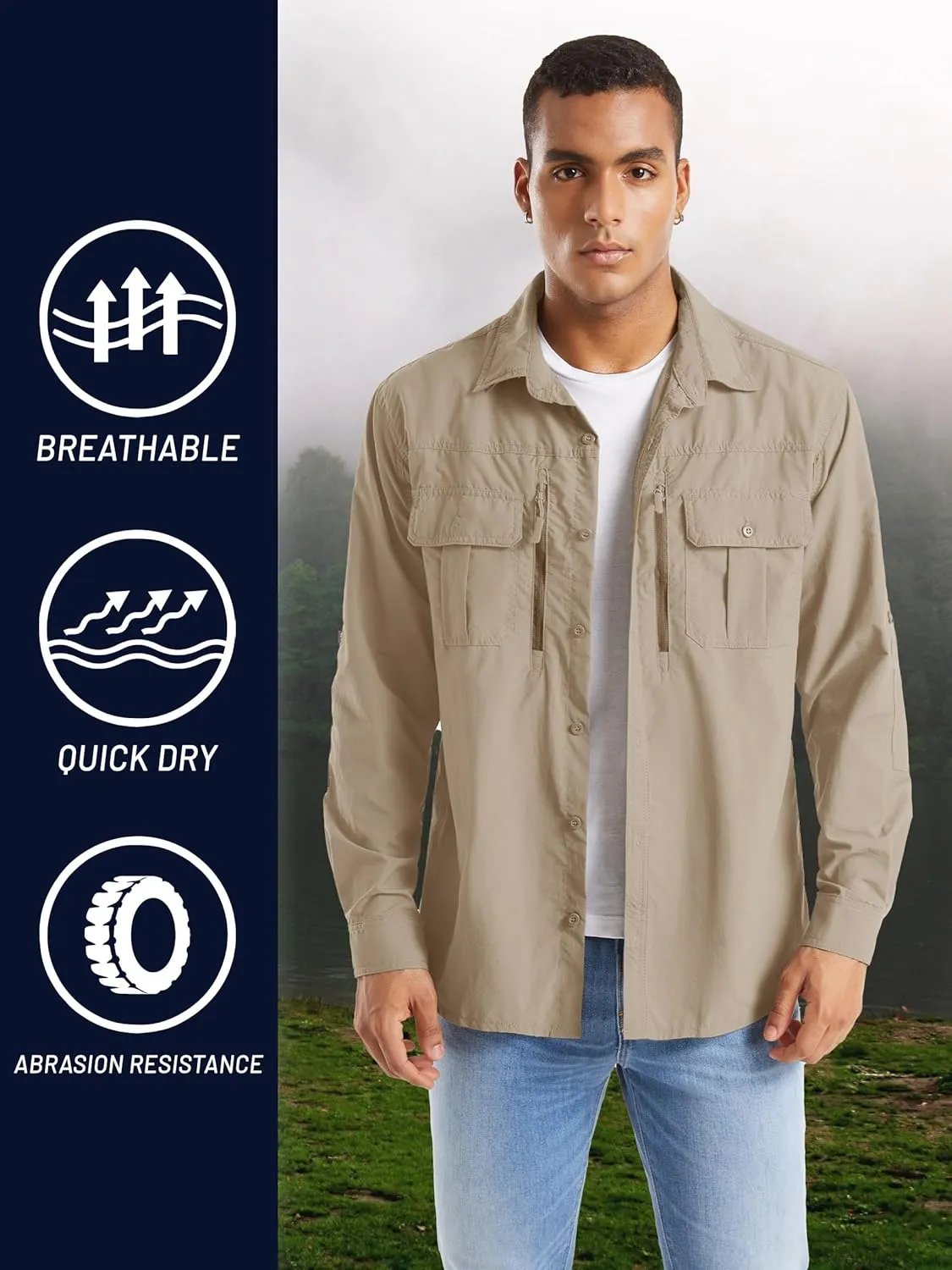TACVASEN Fishing Shirt for Men, Long Sleeve Shirt Quick Dry Fit, Tactical Shirt Button Up, Work Shirt Lightweight Safari