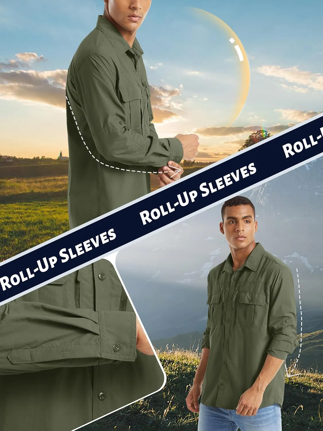 TACVASEN Fishing Shirt for Men, Long Sleeve Shirt Quick Dry Fit, Tactical Shirt Button Up, Work Shirt Lightweight Safari