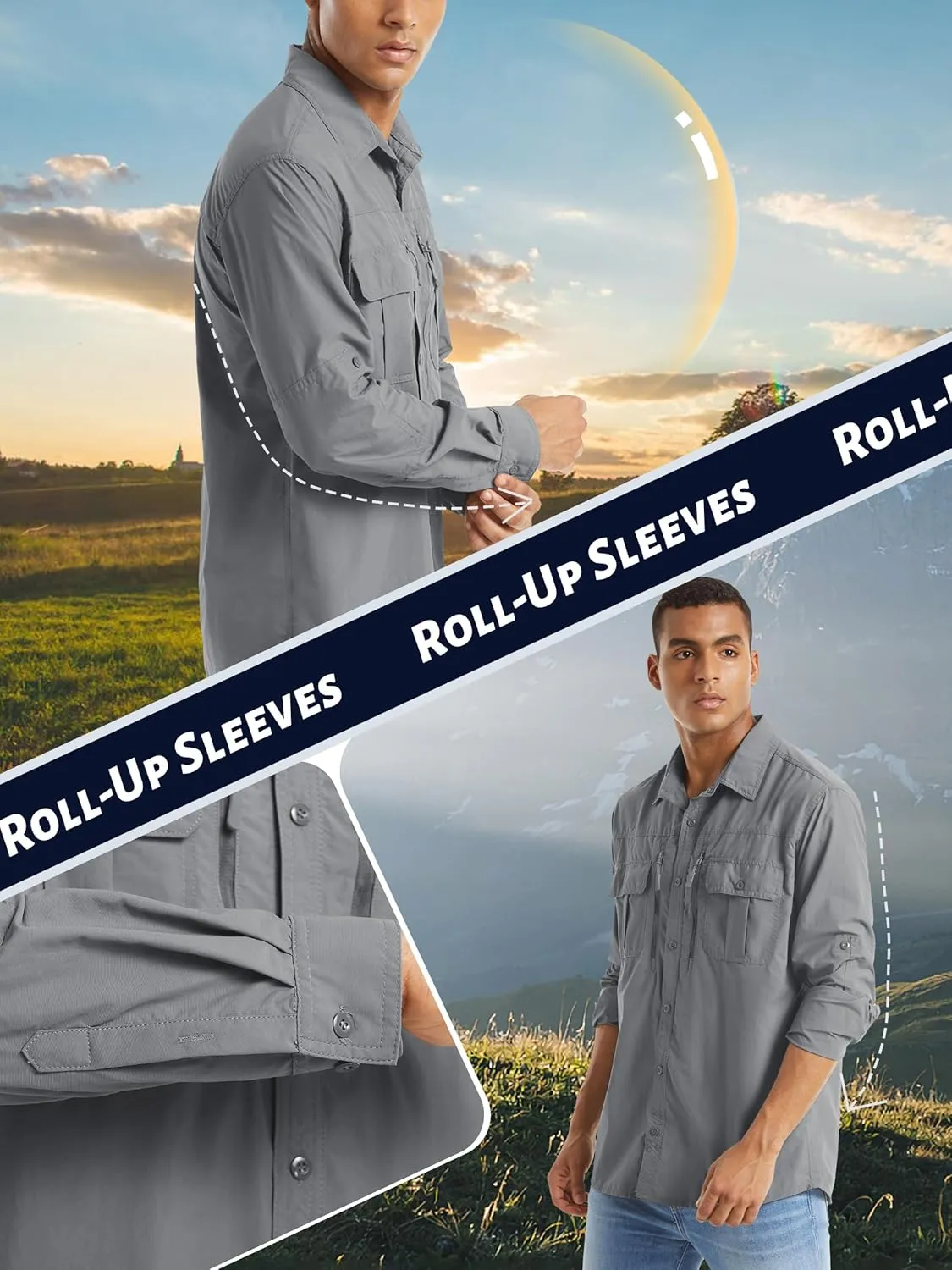 TACVASEN Fishing Shirt for Men, Long Sleeve Shirt Quick Dry Fit, Tactical Shirt Button Up, Work Shirt Lightweight Safari