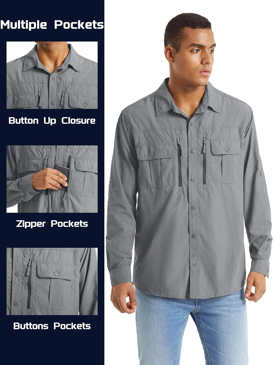 TACVASEN Fishing Shirt for Men, Long Sleeve Shirt Quick Dry Fit, Tactical Shirt Button Up, Work Shirt Lightweight Safari