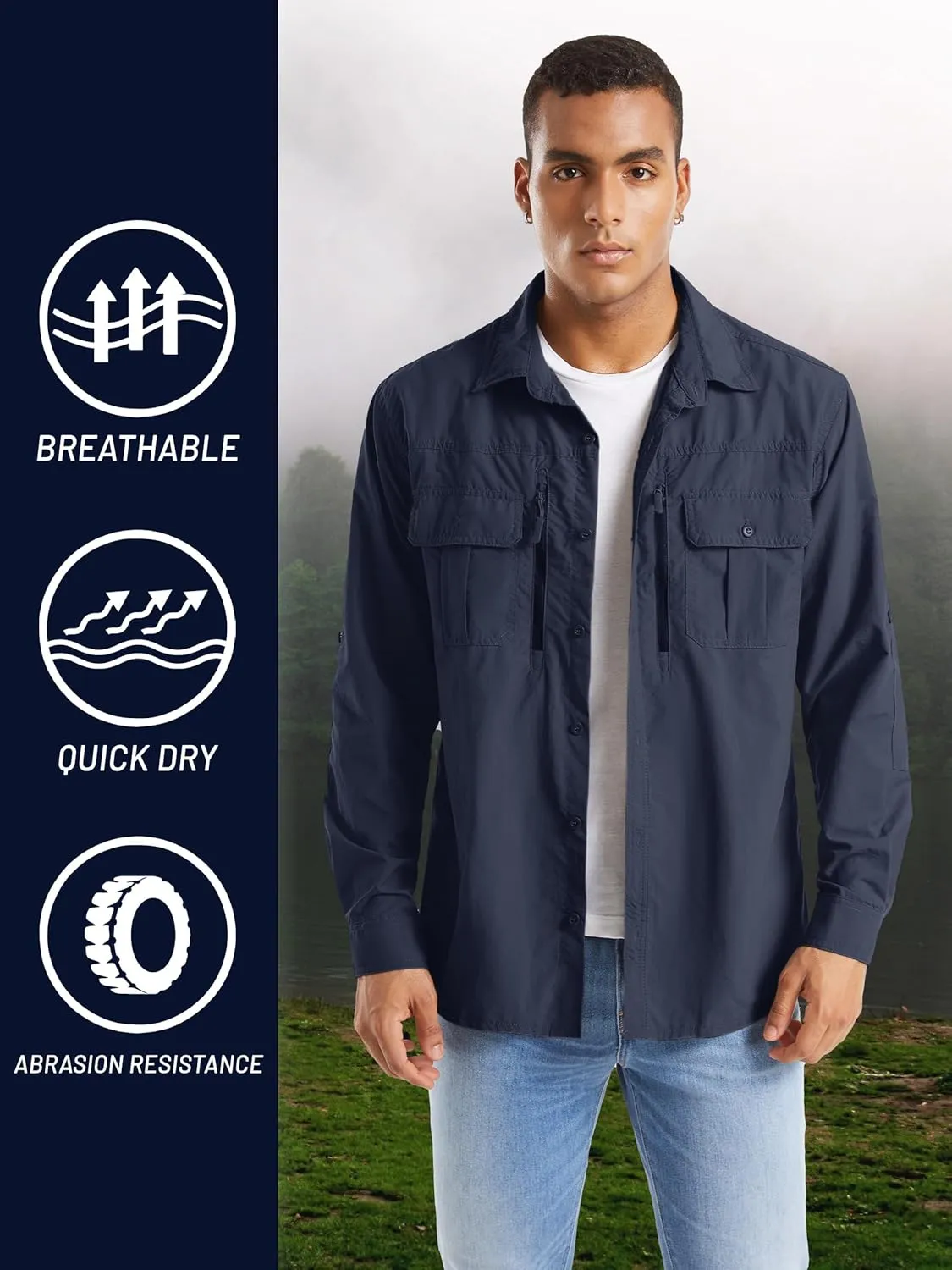 TACVASEN Fishing Shirt for Men, Long Sleeve Shirt Quick Dry Fit, Tactical Shirt Button Up, Work Shirt Lightweight Safari