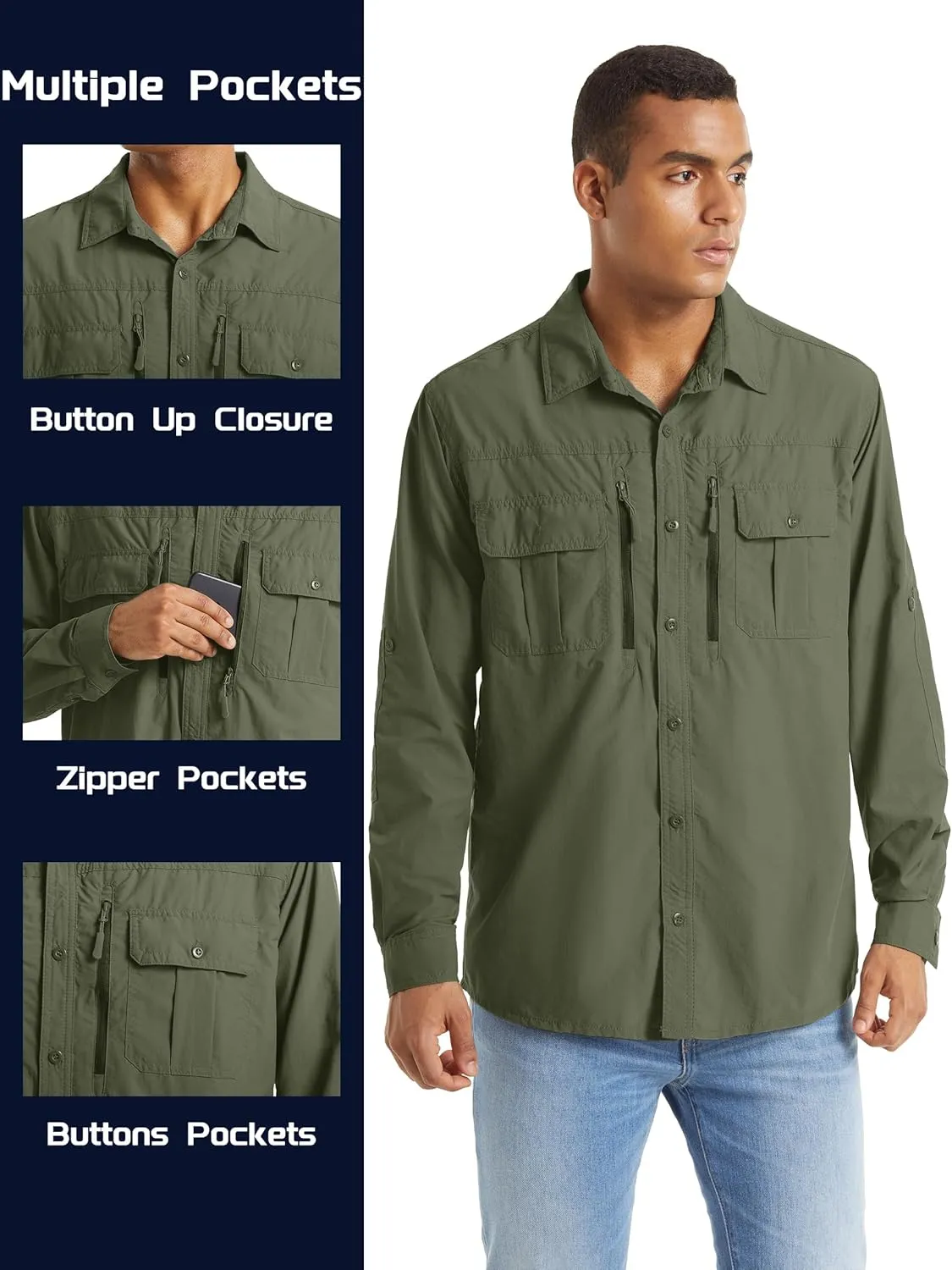 TACVASEN Fishing Shirt for Men, Long Sleeve Shirt Quick Dry Fit, Tactical Shirt Button Up, Work Shirt Lightweight Safari